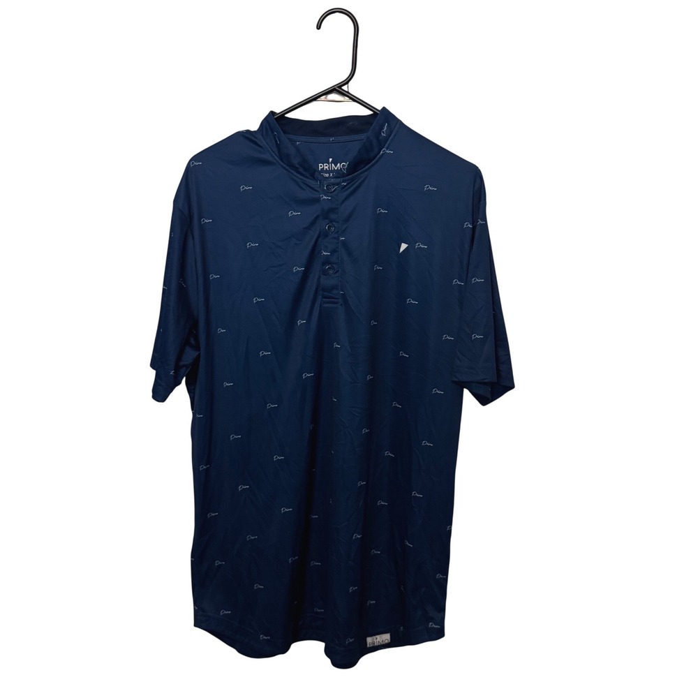 Primo Blade Collar Polo Shirt Mens XL Navy Blue Script Logo Print Performance